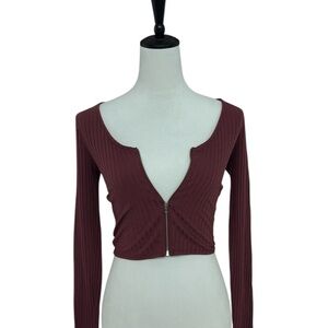 Nollie Burgundy Ribbed Zip Front Cropped Top Long Sleeve